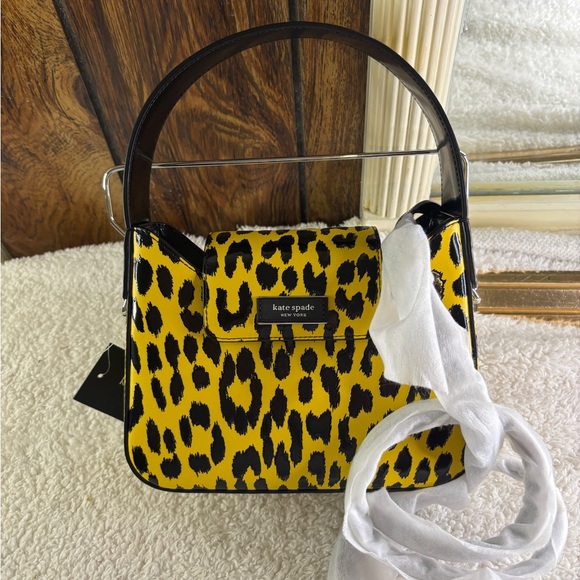 Kate Spade Sam Icon Leather HOBO Vibrant Leopard Yellow Black Animal Print Bag - Picture 1 of 13